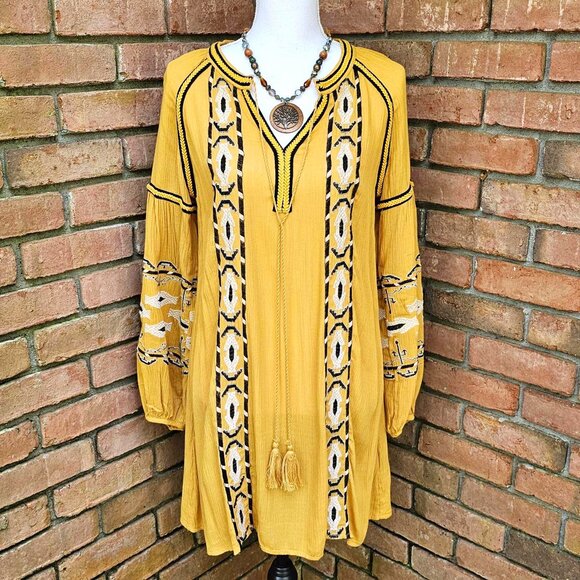 COPY - Dress. Mustard Yellow. Black & White Embroidery. Blu Pepper Brand. - Picture 2 of 13